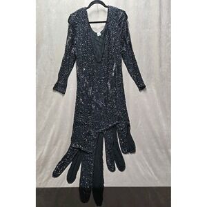 TAN CHHO Pure Silk‎ Beaded VTG Black Dress Large